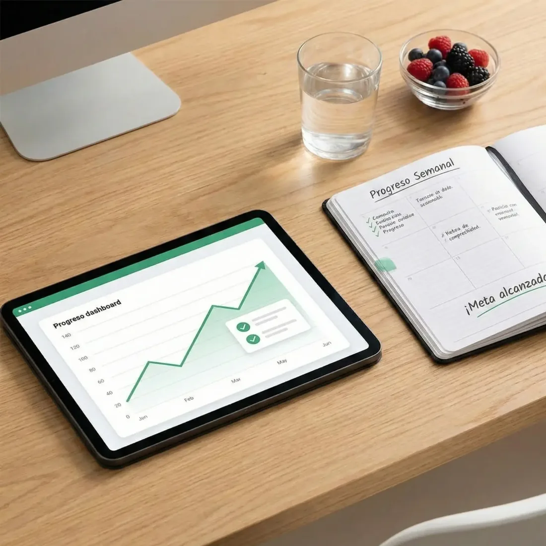 Seguimiento del progreso semanal en tableta y agenda